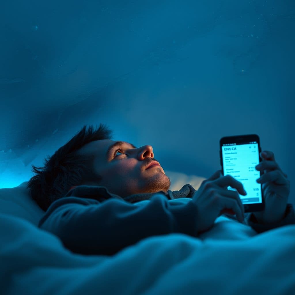 A person lying awake at night, stressed about debt.