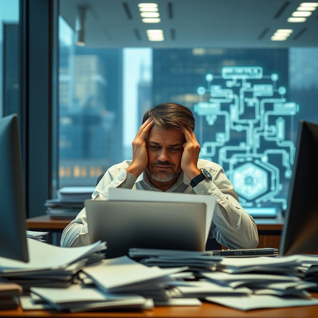 Frustrated professional overwhelmed by admin tasks with AI automation concept in the background.