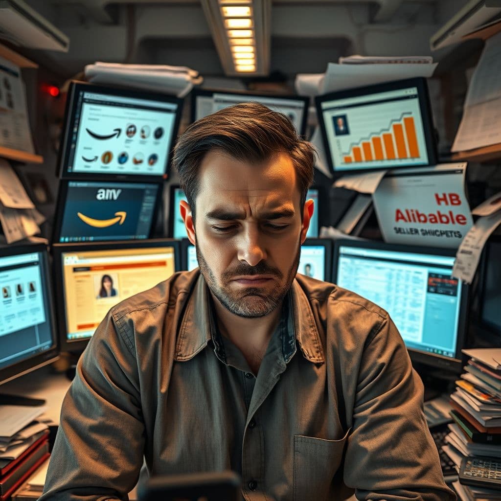 Visual representation of overwhelmed Amazon seller facing multiple complex screens