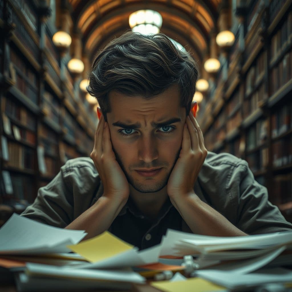 A frustrated student surrounded by scattered papers and deadlines.