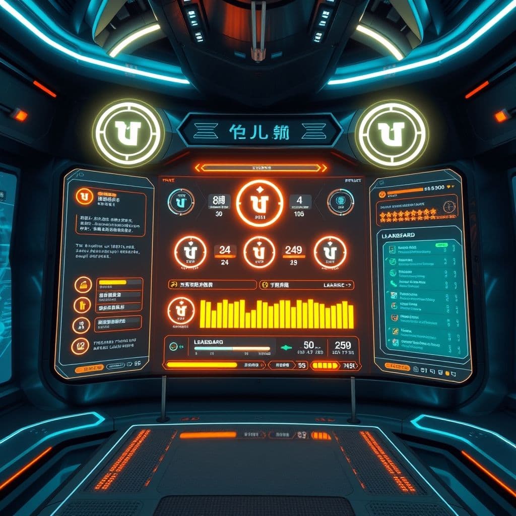 A futuristic gamified coding platform interface with badges and progress tracking.