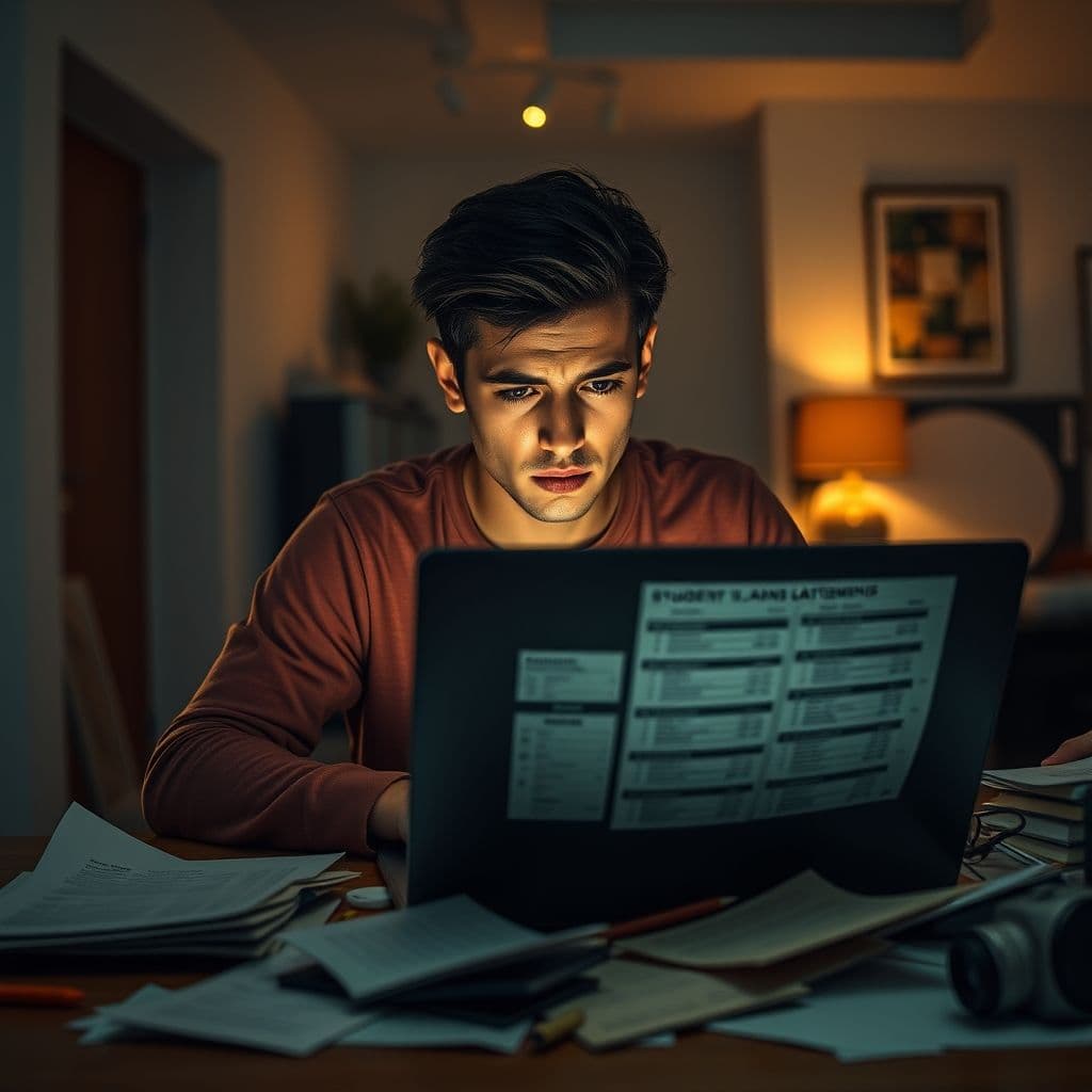 Frustrated student loan borrower looking at overwhelming debt statements on laptop
