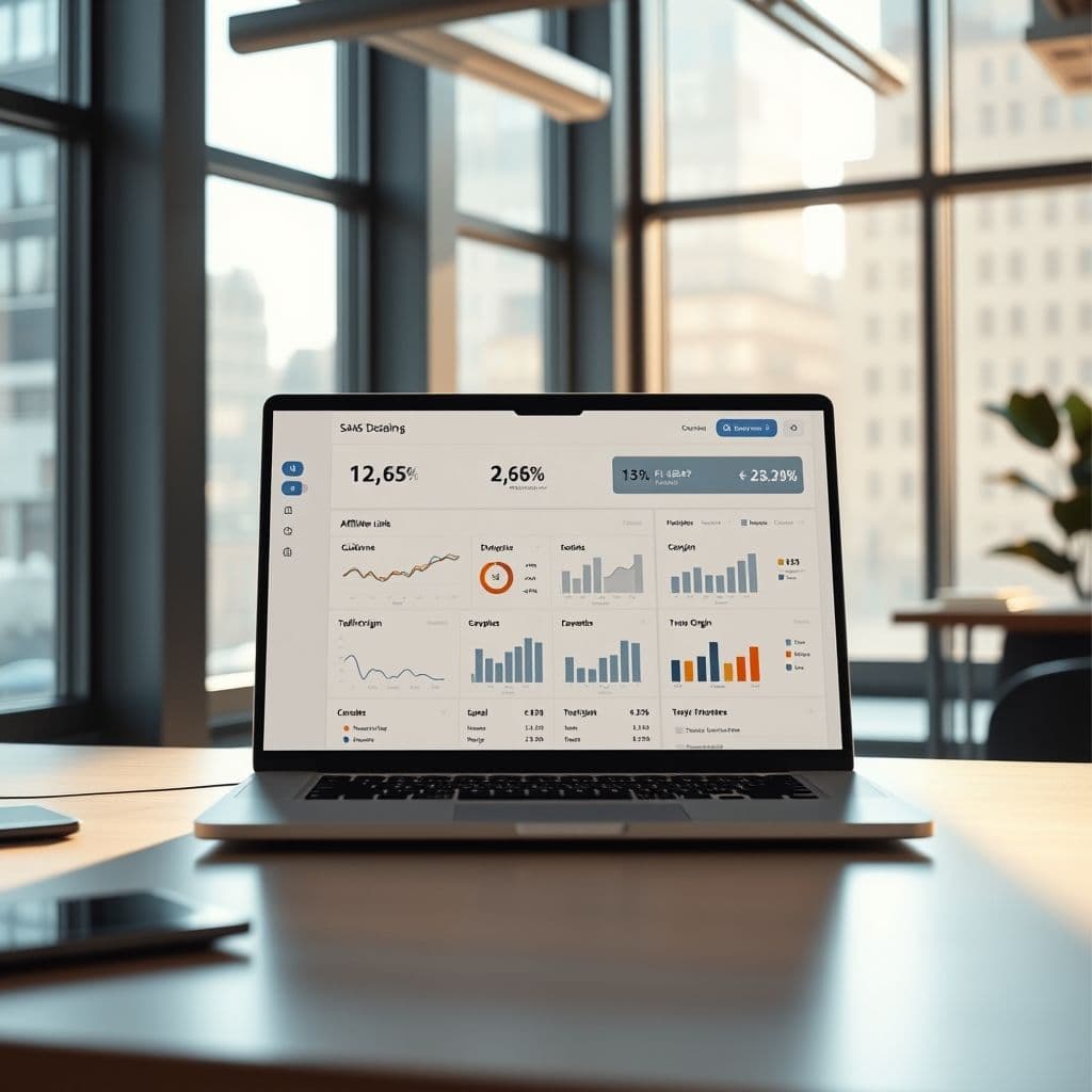 A sleek dashboard showing affiliate link performance metrics and traffic sources.