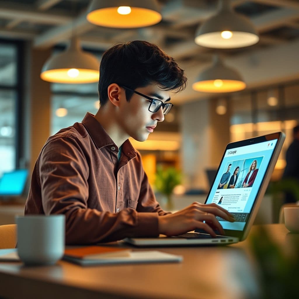 A person learning digital marketing on a laptop with a supportive community in the background.