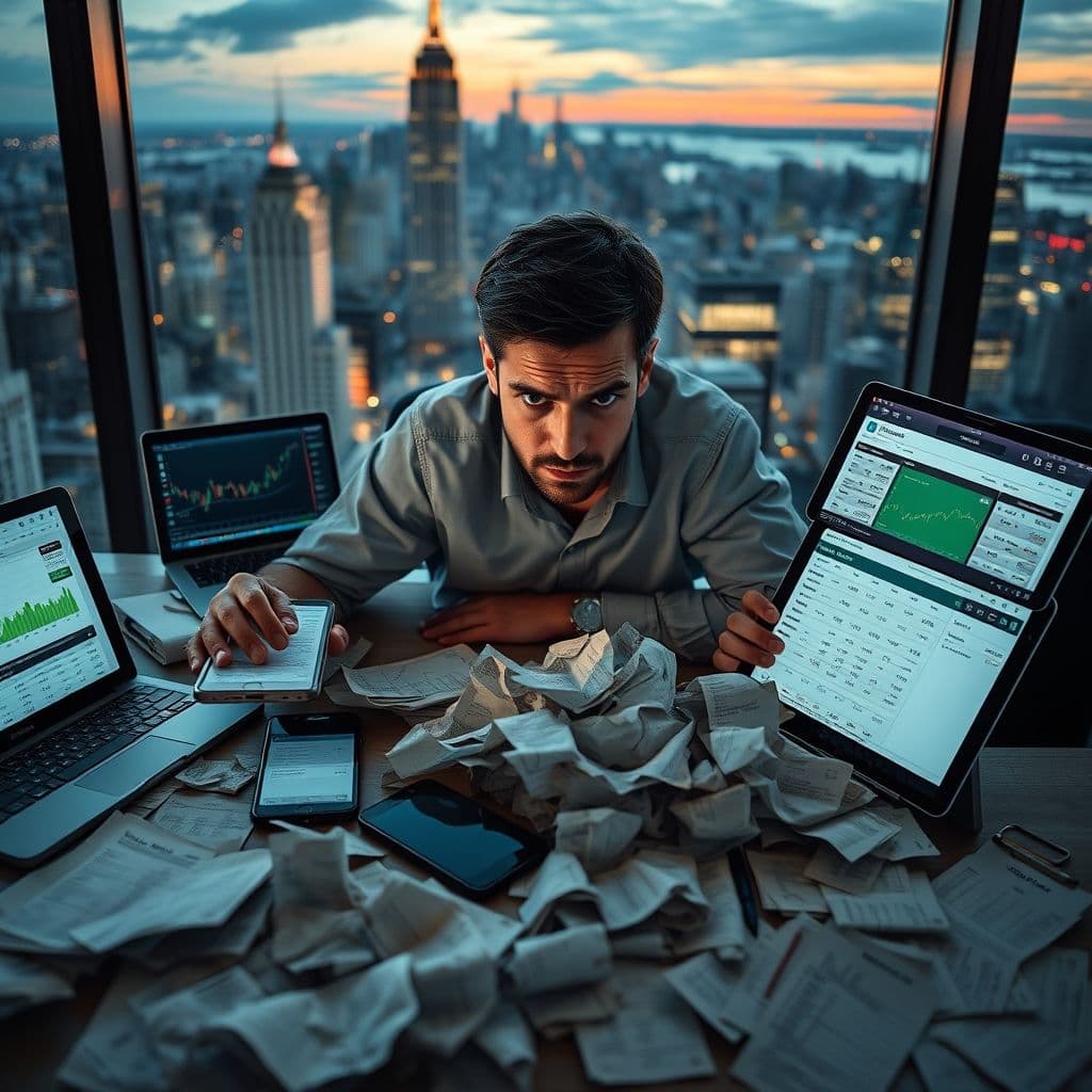 Visual representation of financial confusion with multiple apps and accounts overwhelming user