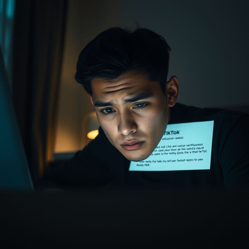 Frustrated TikTok creator staring at a rejection email for verification.