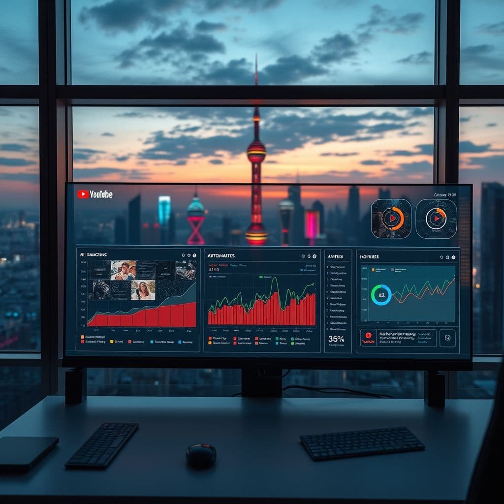 Conceptual image of a futuristic YouTube automation dashboard.