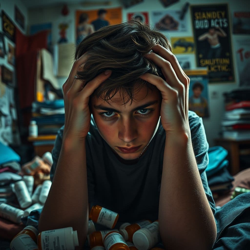 A teenager looking overwhelmed while caring for an addicted parent.