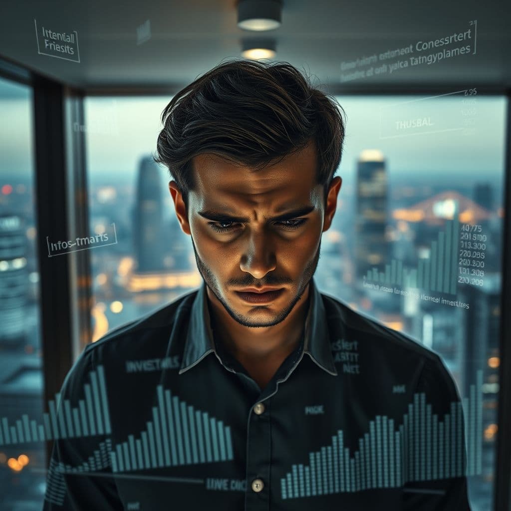A person overwhelmed by financial charts and investment options.