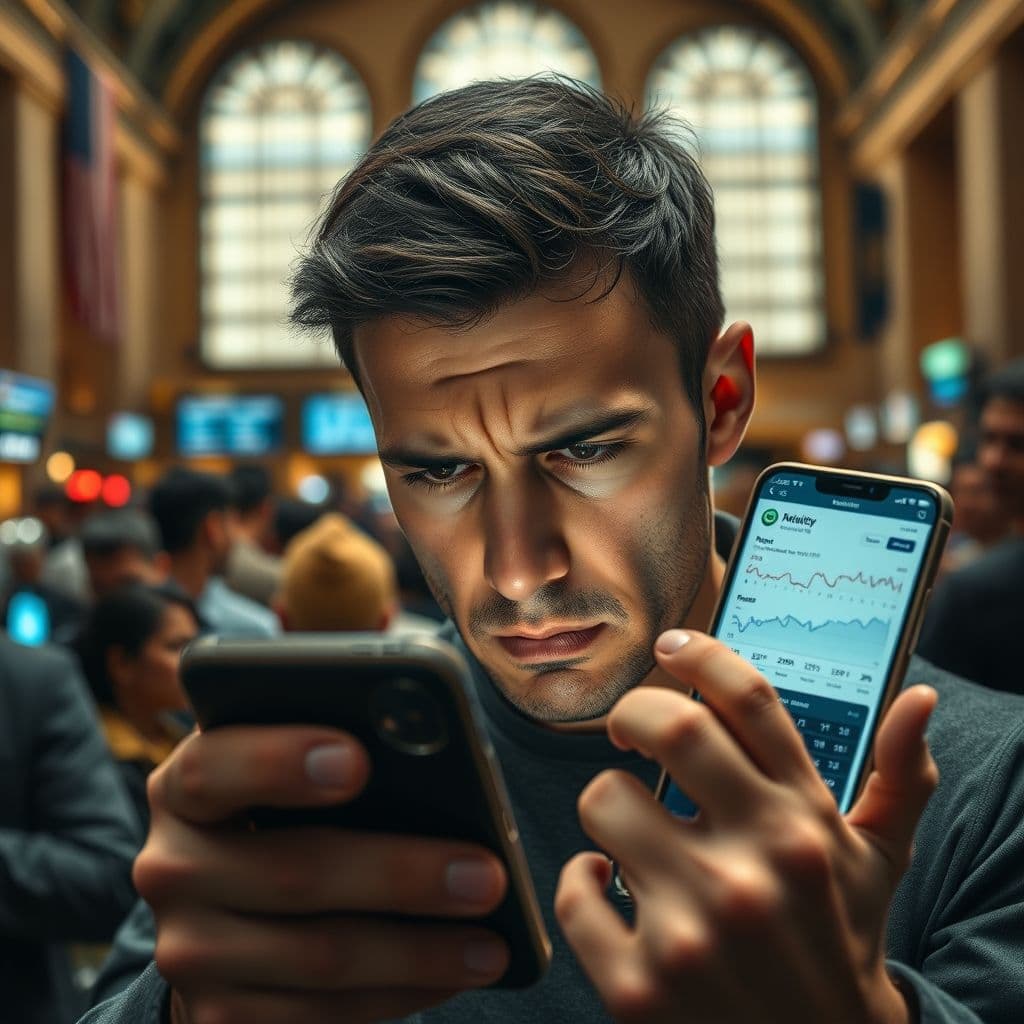 A frustrated user struggling with multiple finance apps on their phone.