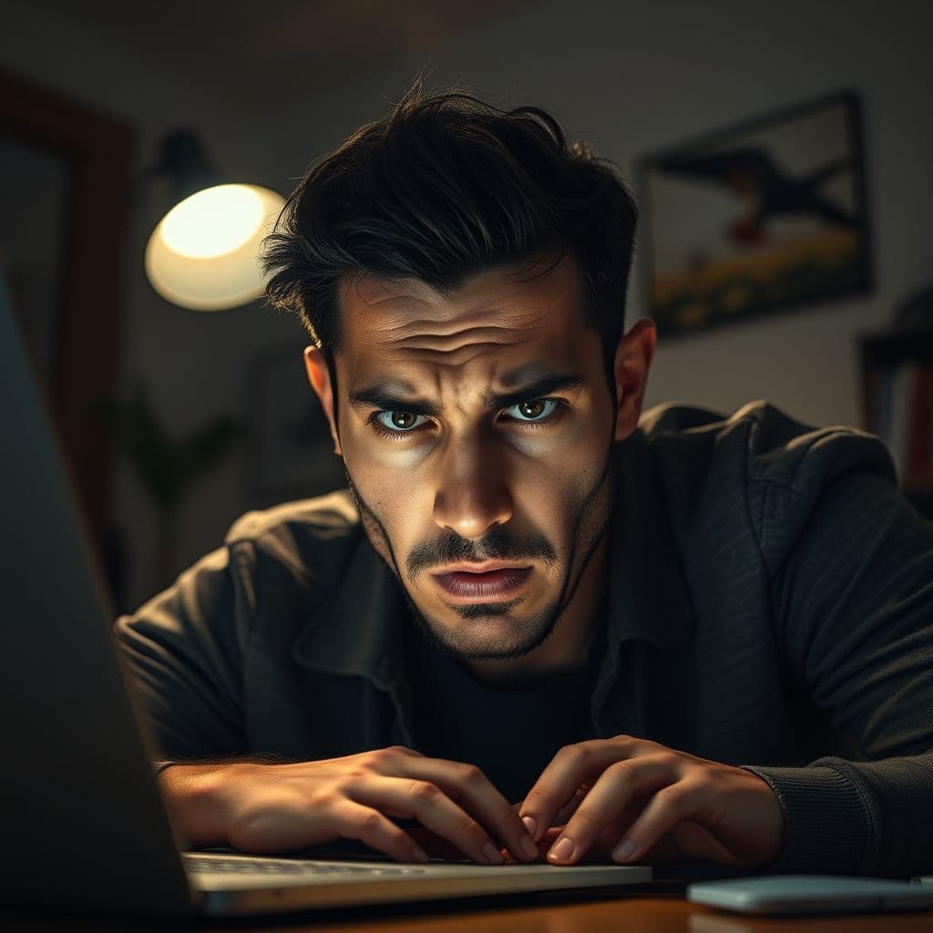 Frustrated user struggling with Amazon KDP formatting on a laptop.