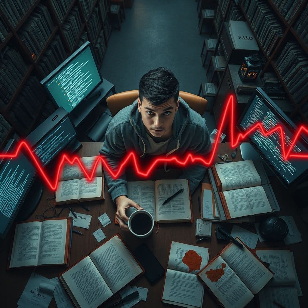 A overwhelmed student surrounded by textbooks, laptops, and calendar notifications.