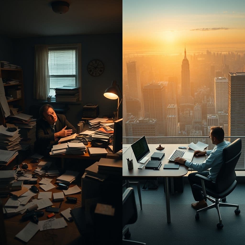 Side-by-side comparison of a struggling entrepreneur vs. a successful one with proper tools.