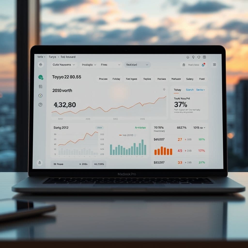 A sleek dashboard displaying net worth, investments, and real estate metrics.