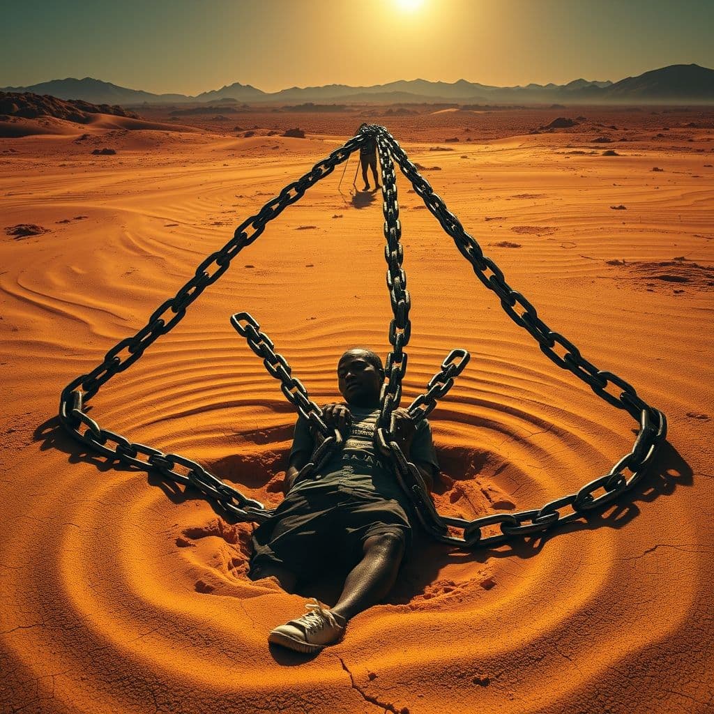 Visual metaphor of debt as heavy chains dragging a person down.