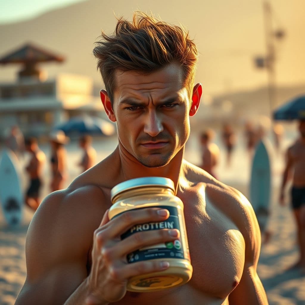 Frustrated customer holding a protein powder container with a disappointed expression.