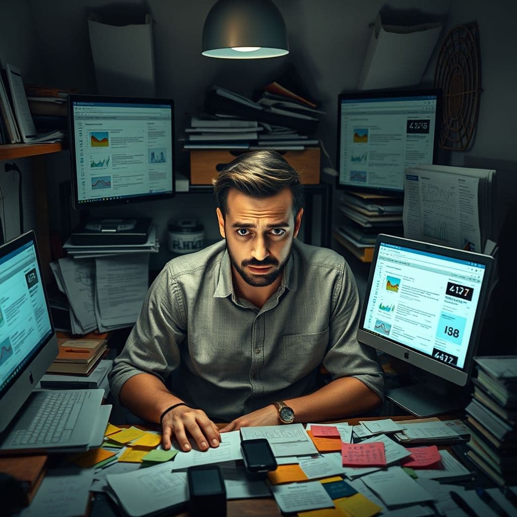 A frustrated individual surrounded by scattered notes and multiple browser tabs about digital marketing.