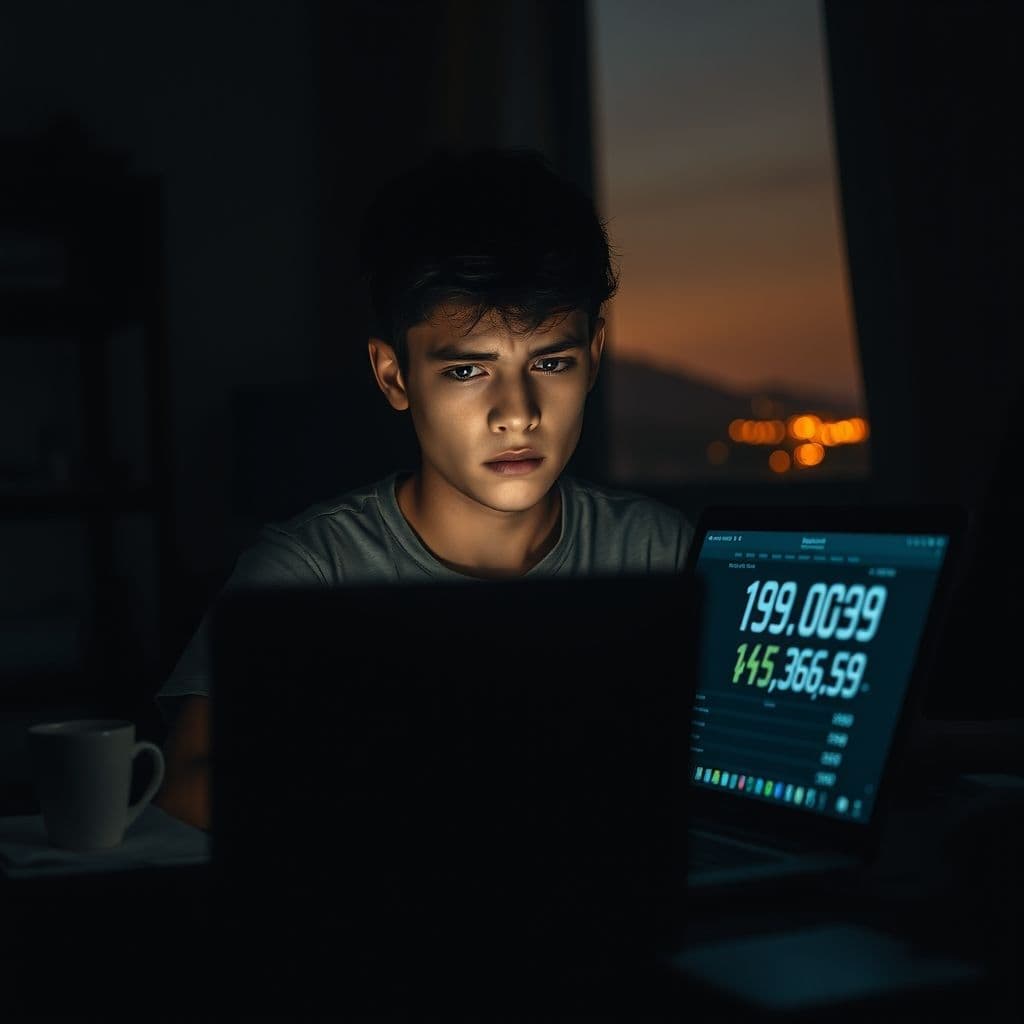 A distressed young adult looking at a laptop screen showing debt numbers and fire in the background.