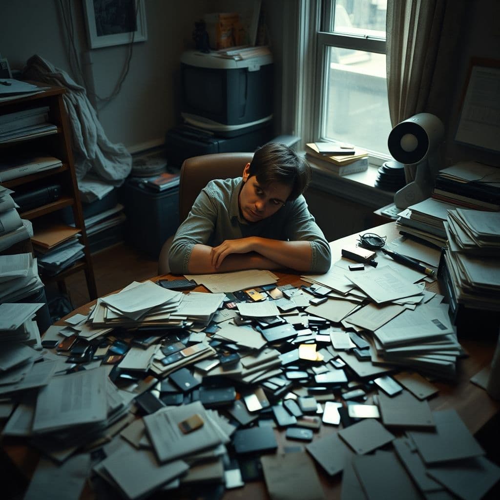 A stressed person surrounded by multiple credit cards and bills, symbolizing debt overload.
