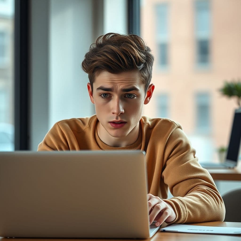 A beginner overwhelmed by digital marketing concepts on a screen.