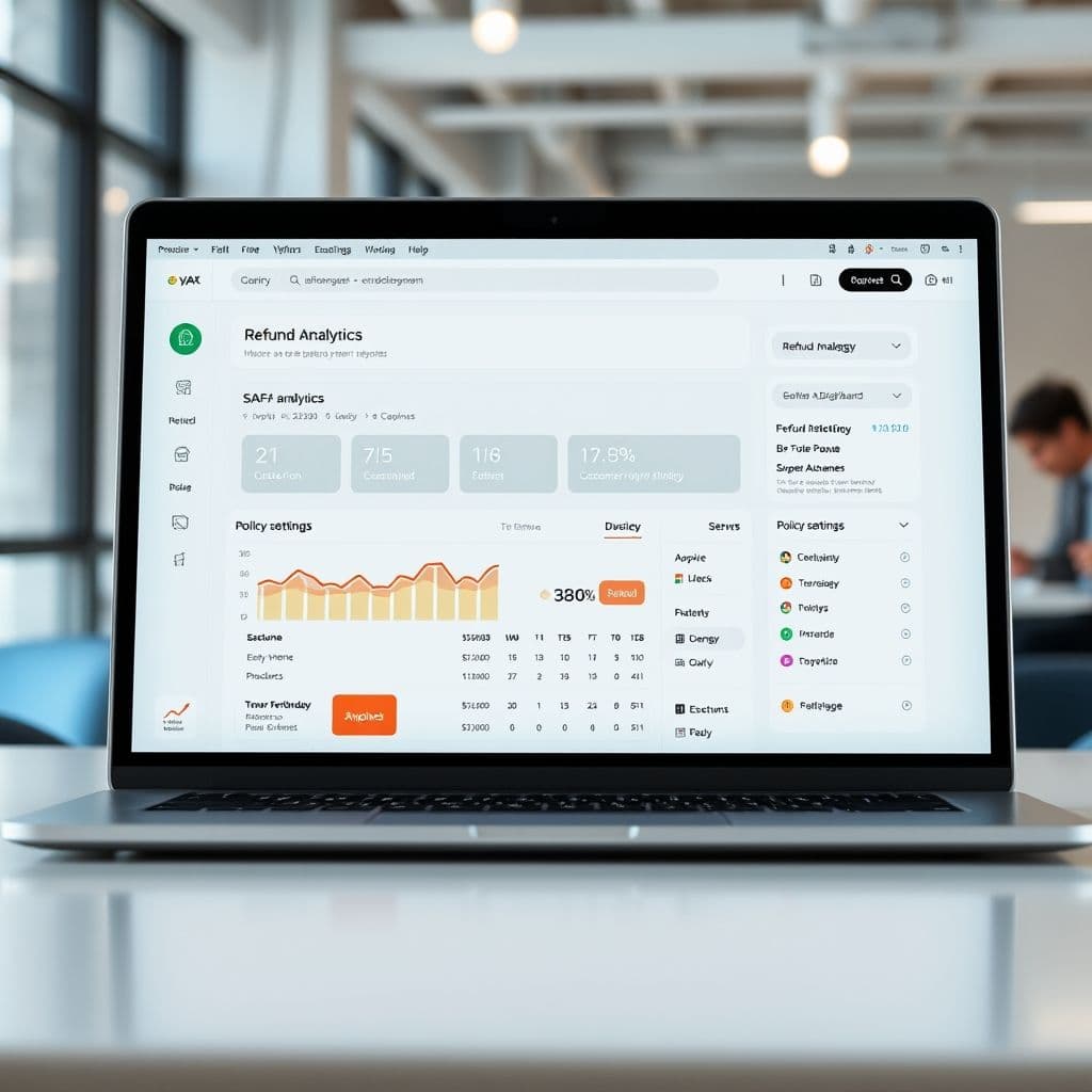 A conceptual dashboard of a refund management SaaS tool with analytics and customer tracking.