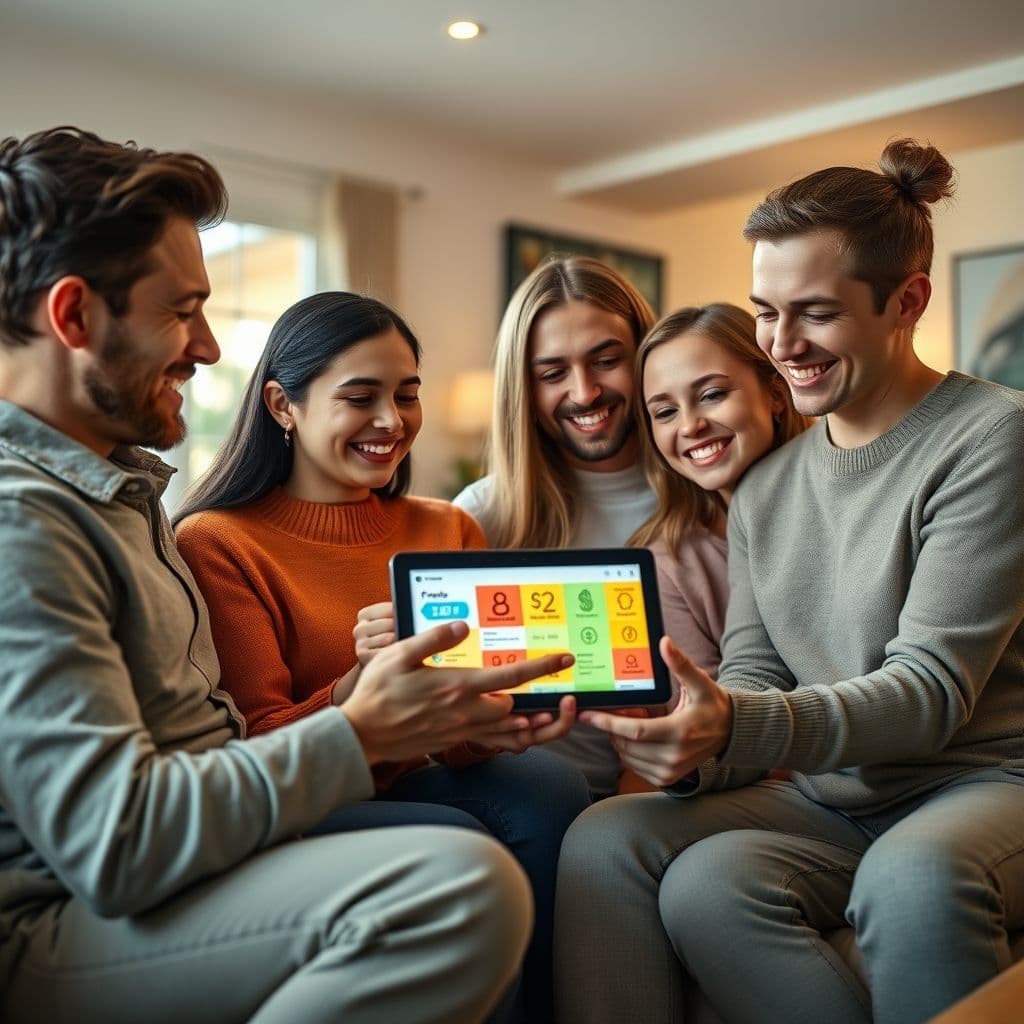 A happy family using a financial literacy app on a tablet together.