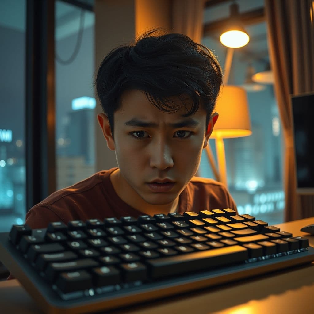 Frustrated user looking at an expensive keyboard they can't afford.