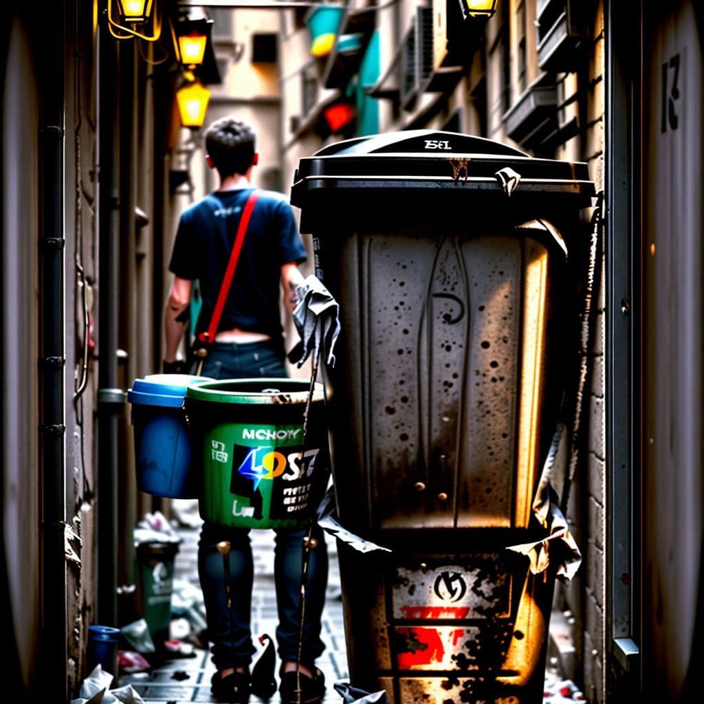 A frustrated teen trying to clean a trash can with a power washer.