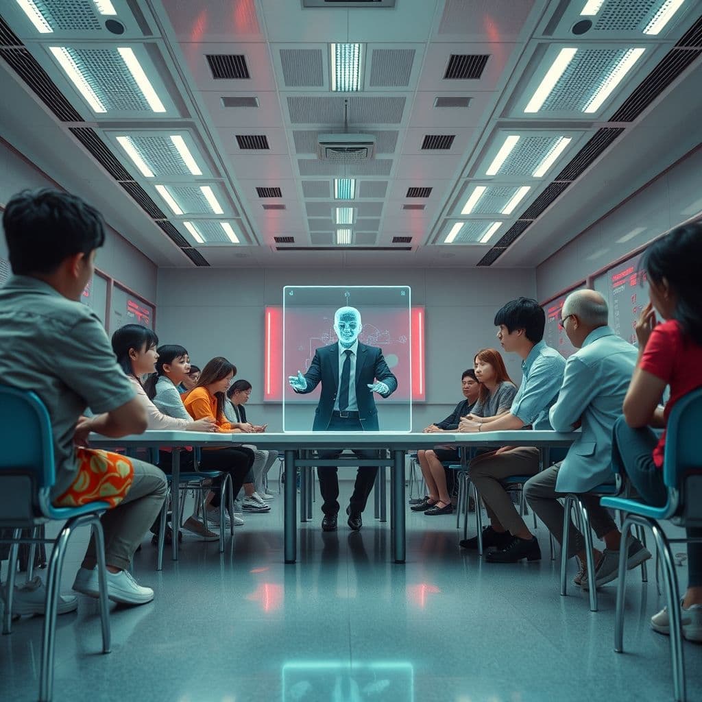 A futuristic classroom with AI and students interacting with digital interfaces.
