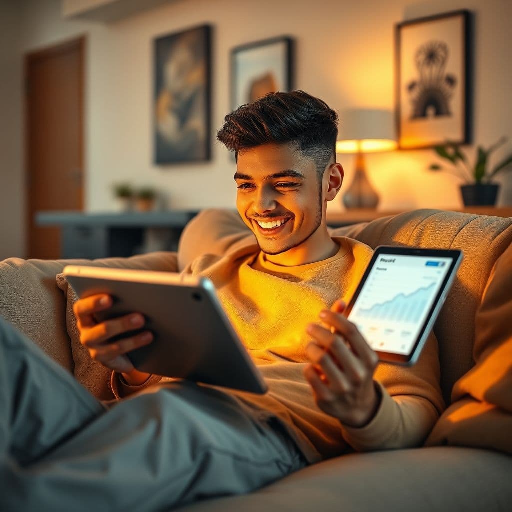 A person happily reviewing their savings growth on a digital device