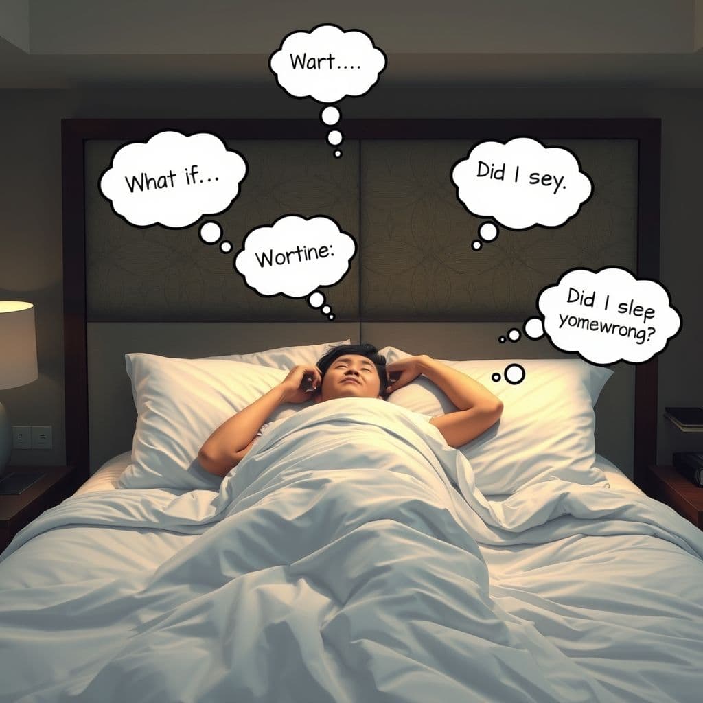 A person tossing and turning in bed, surrounded by floating thought bubbles.