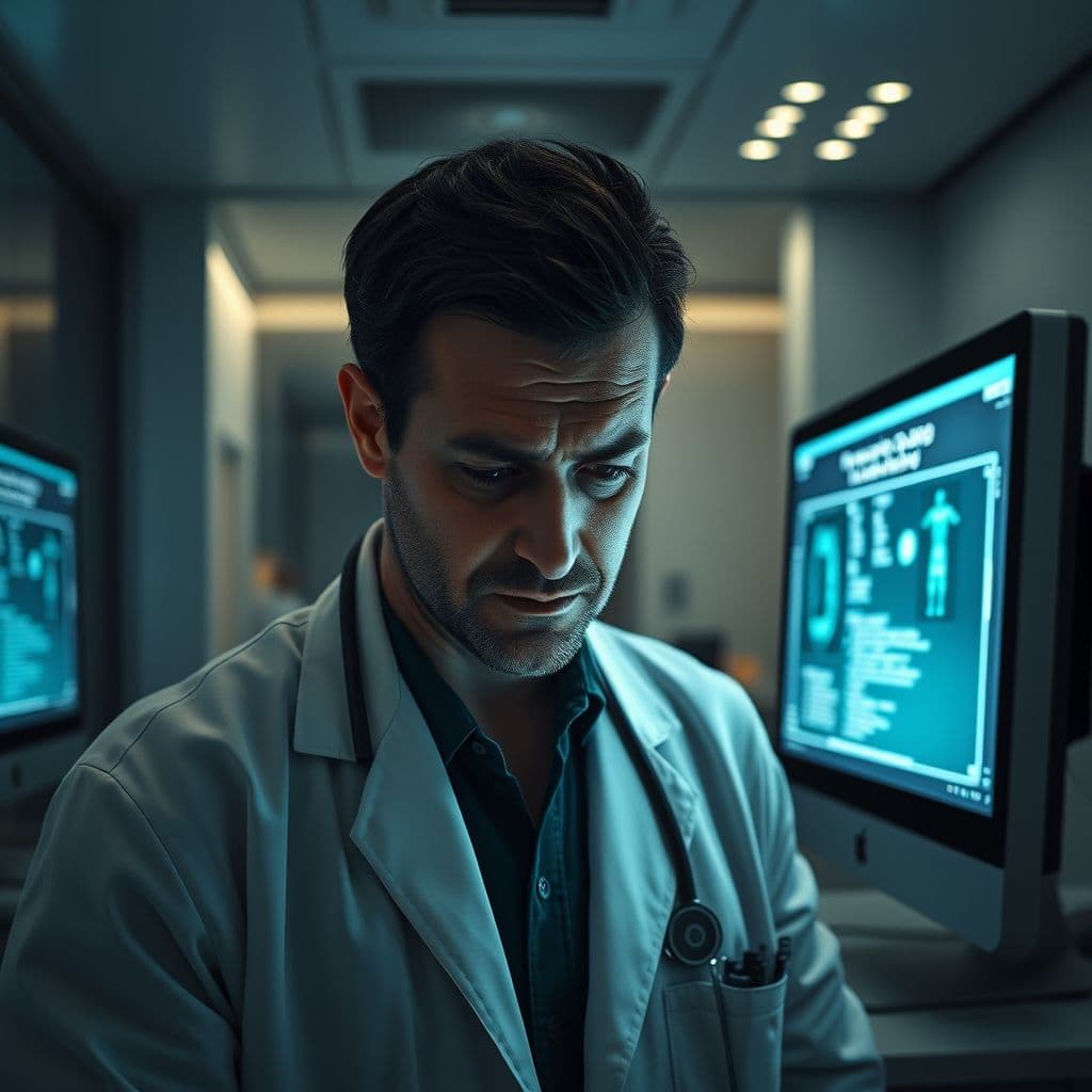 A frustrated doctor looking at an unreliable AI-generated diagnosis on a screen.