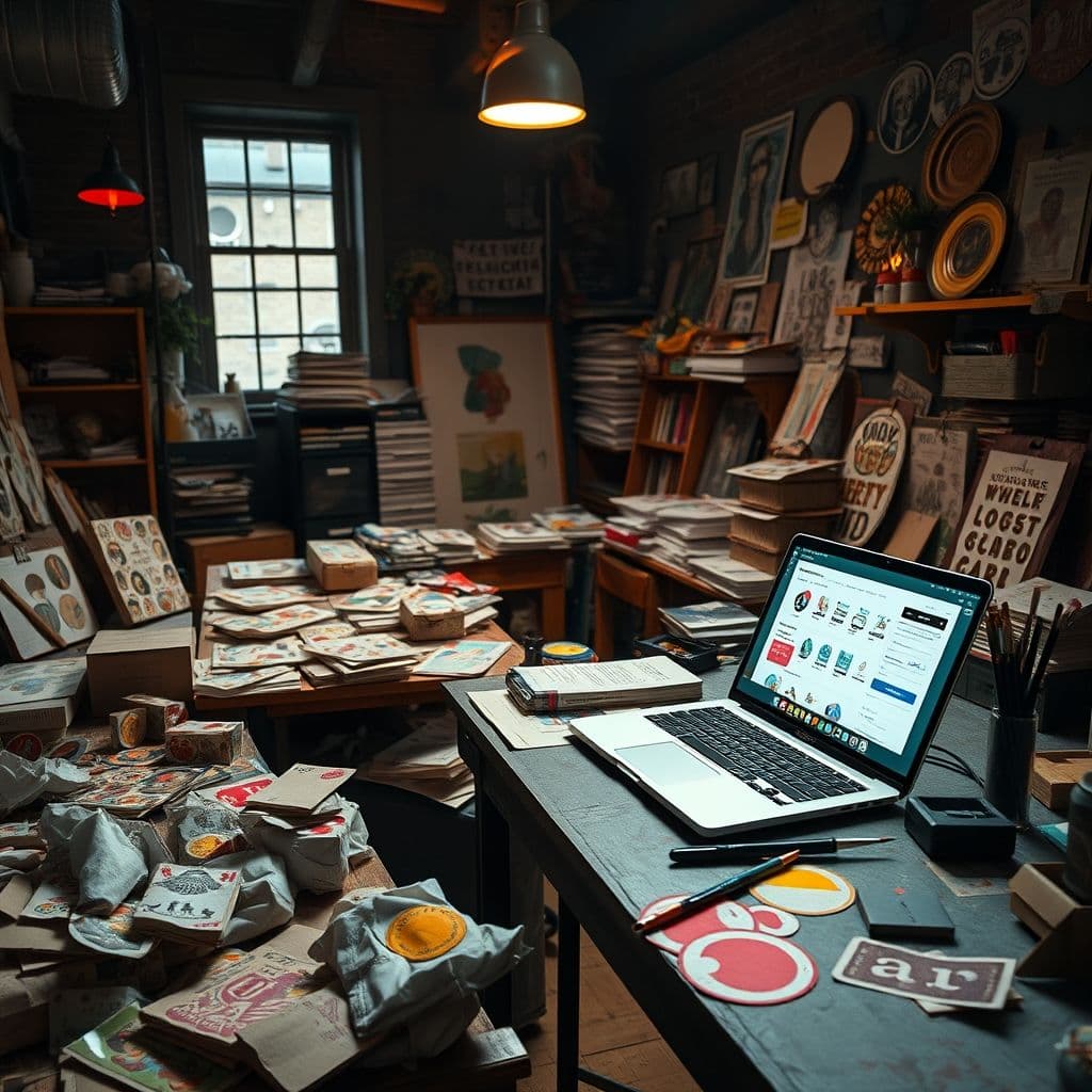 An artist surrounded by unfinished projects and scattered supplies, looking stressed.