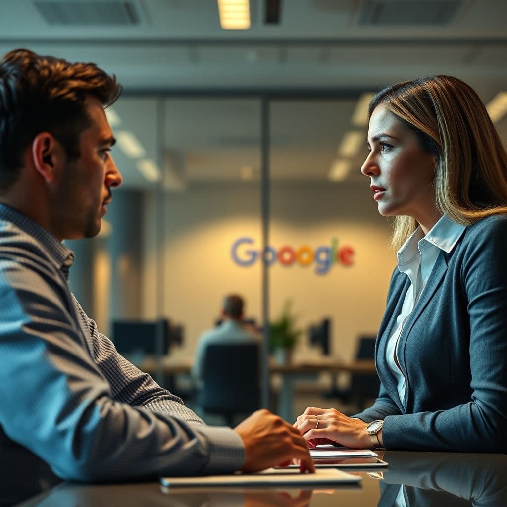 Frustrated employee discussing salary with HR in a corporate office.