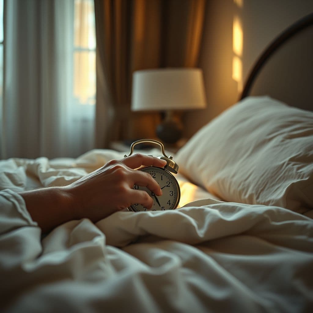 A frustrated person struggling to wake up early.