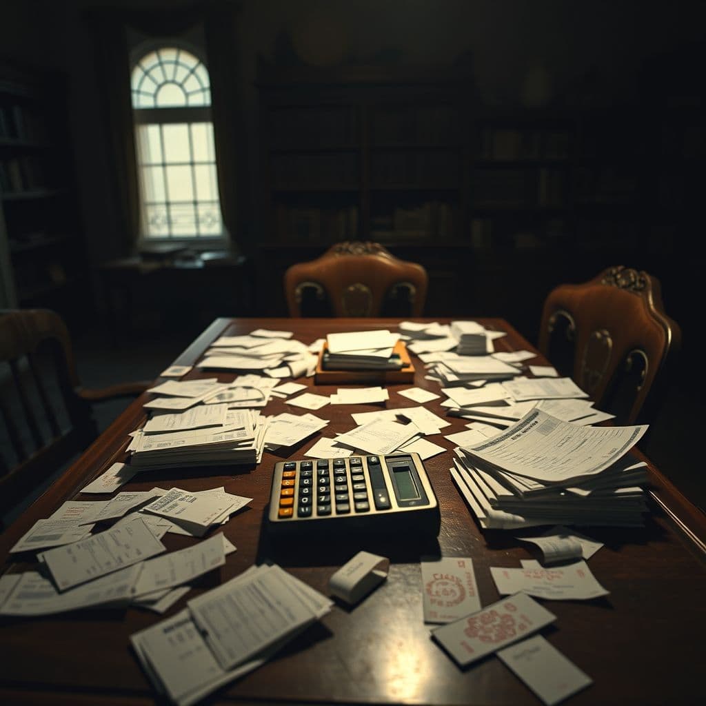 A person staring at a messy pile of receipts and bills.