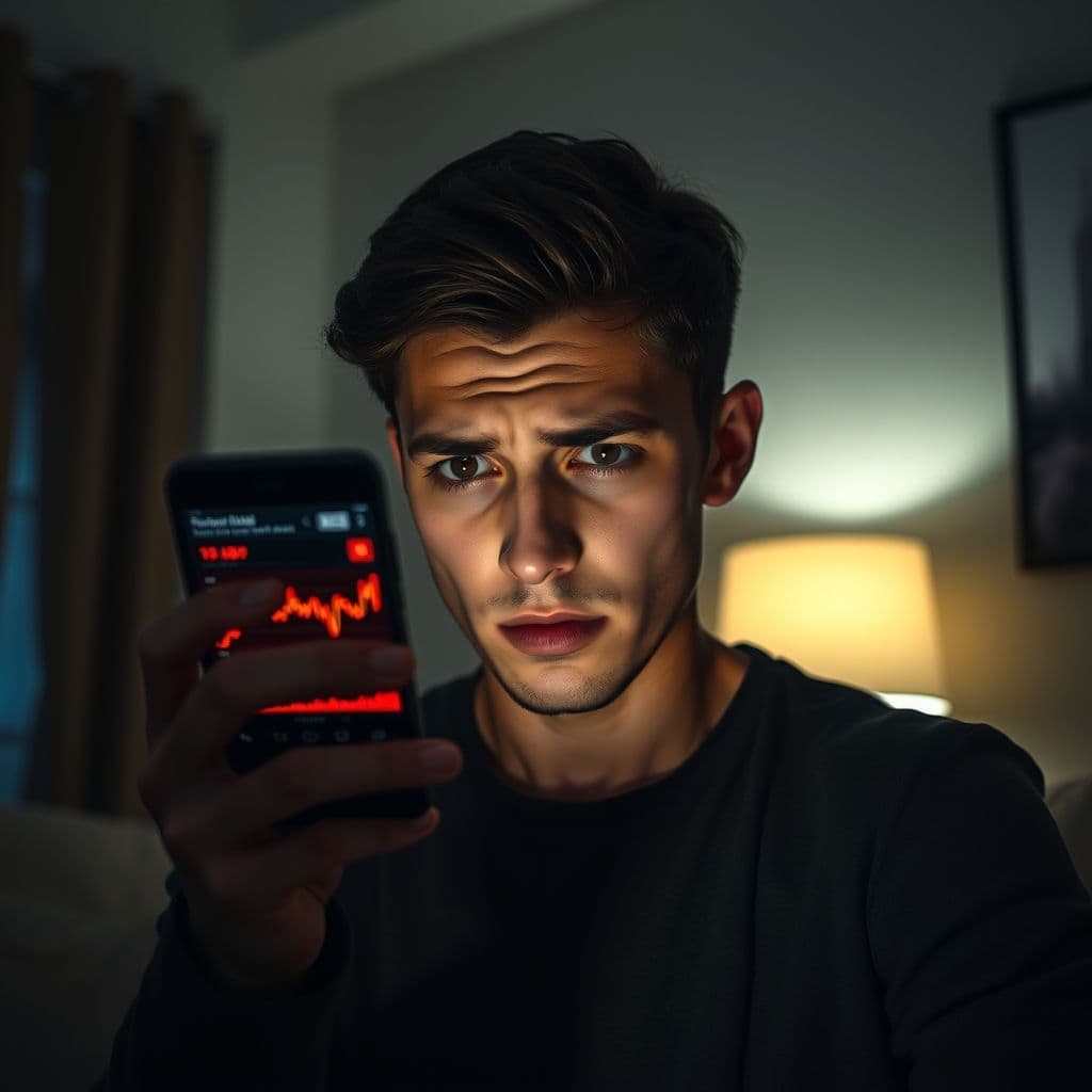 A frustrated investor looking at a stock market chart on their phone during a market crash.