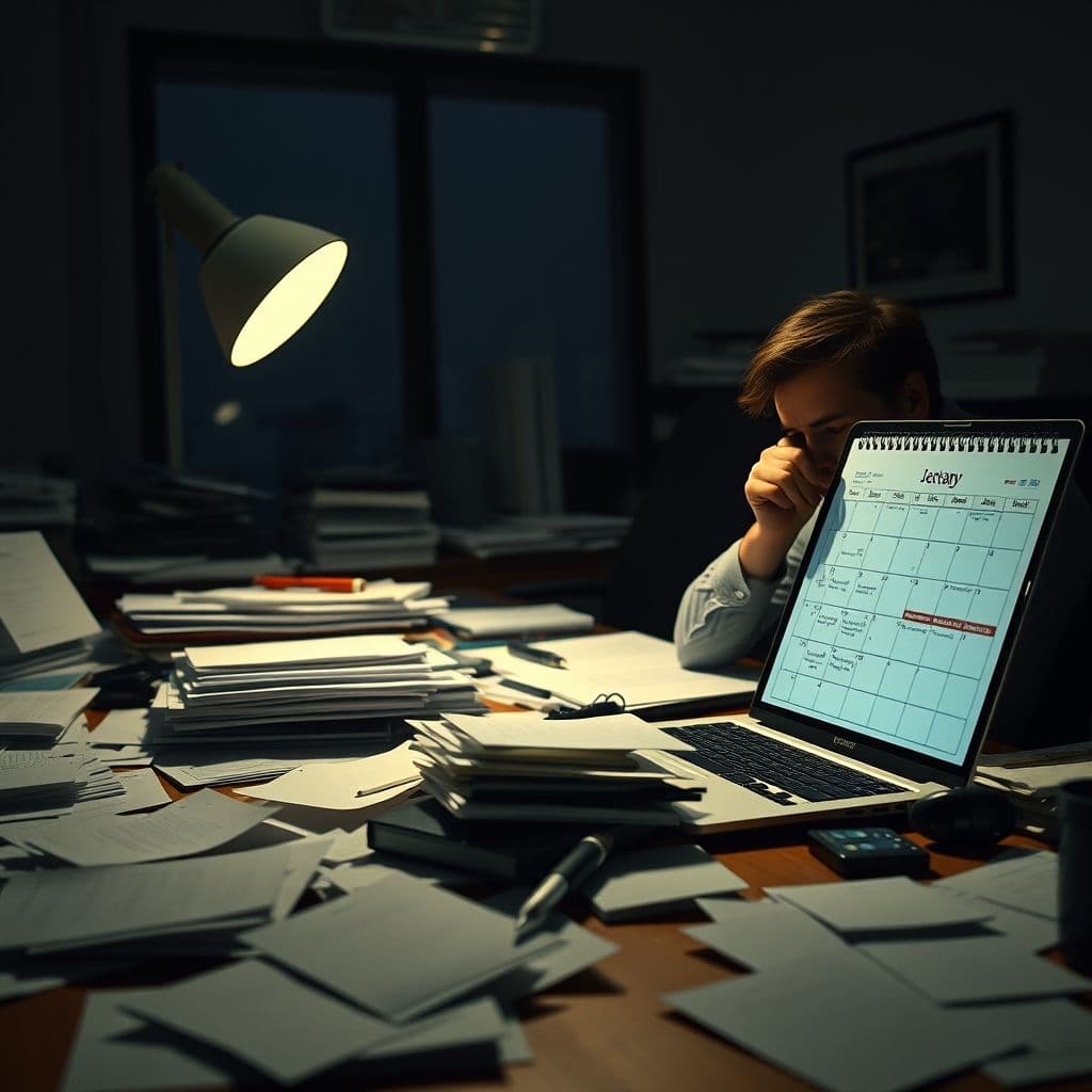 A person overwhelmed by a chaotic schedule and unfinished tasks.