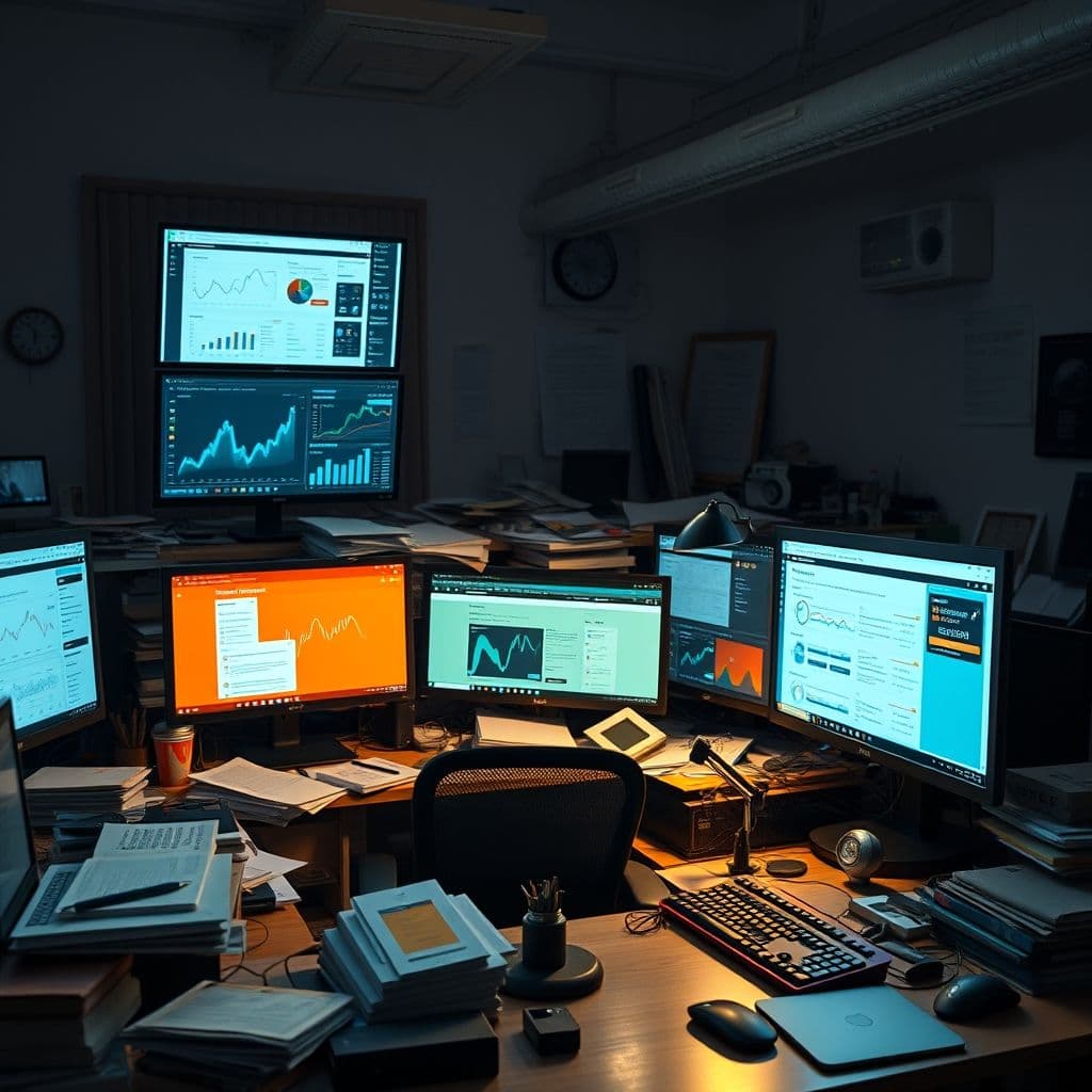 A cluttered desk with multiple monitors showing affiliate marketing dashboards and social media tabs.