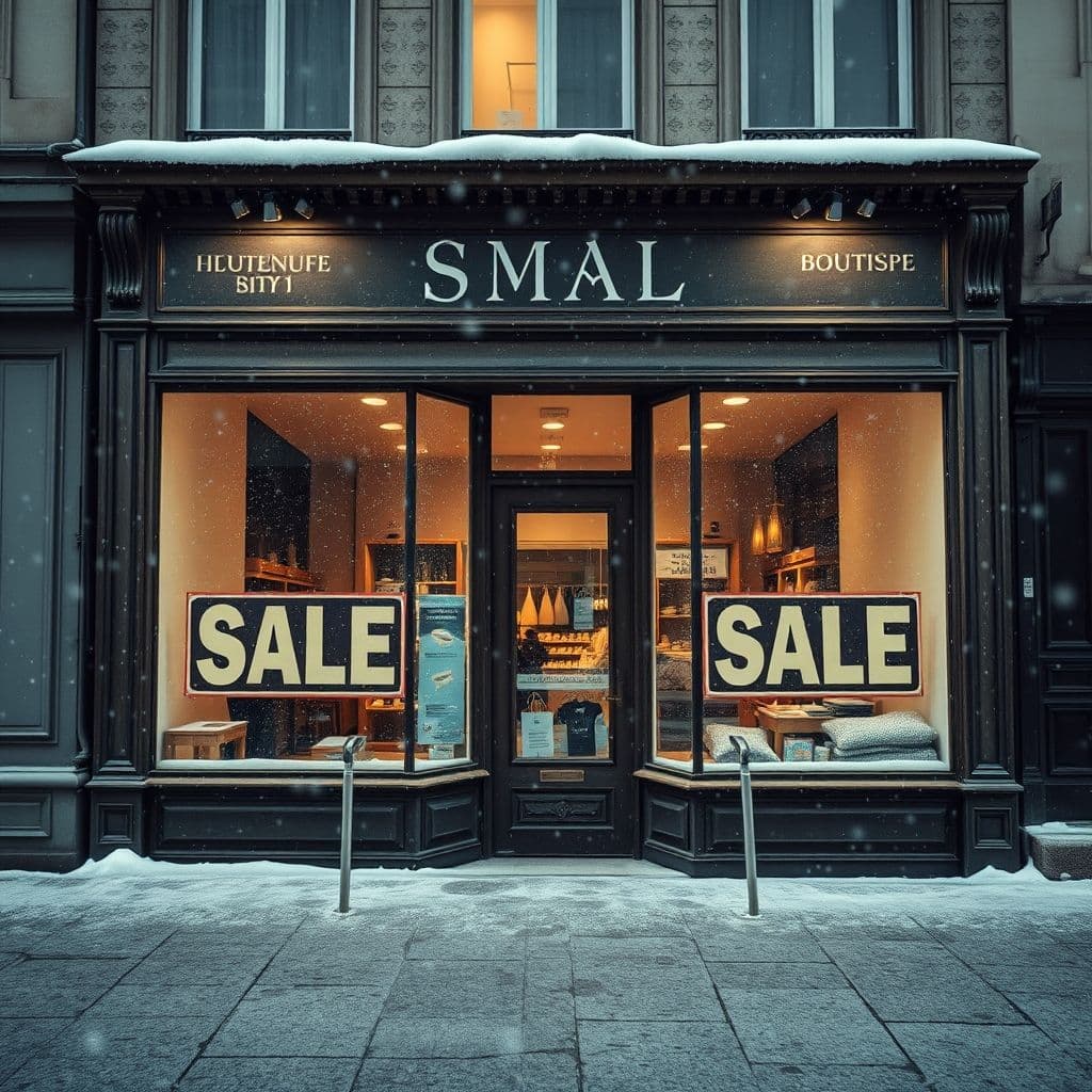 Empty storefront with January sale signs not attracting customers