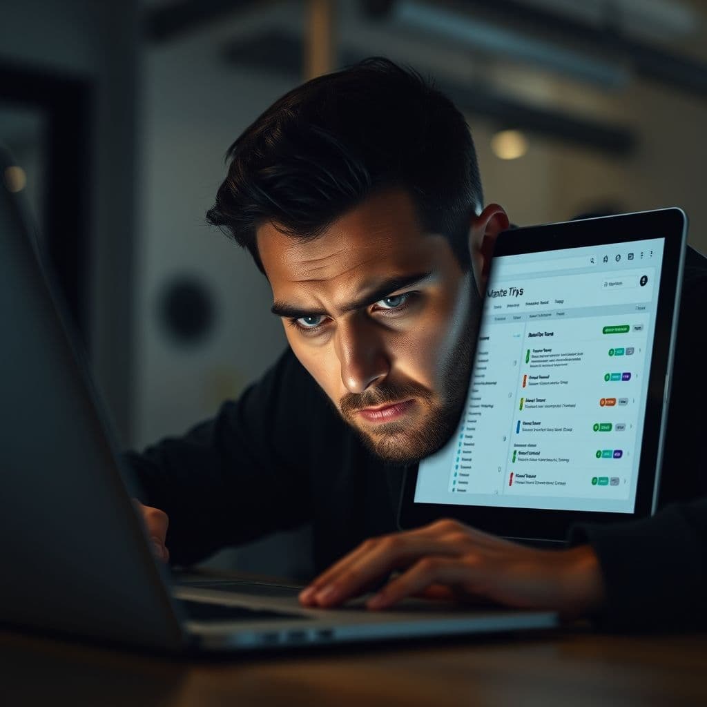 A frustrated beginner struggling with digital marketing concepts on a laptop.