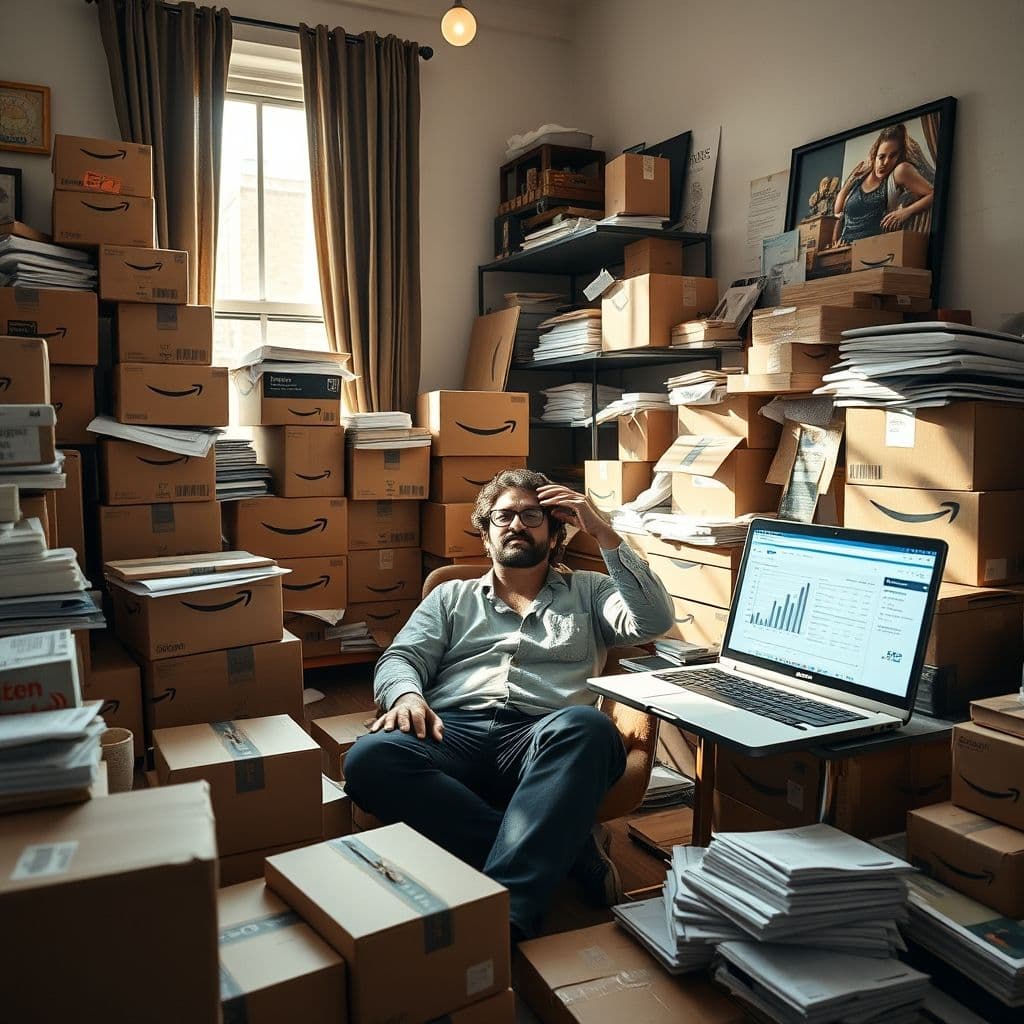 Overwhelmed seller surrounded by Amazon shipping boxes and paperwork.