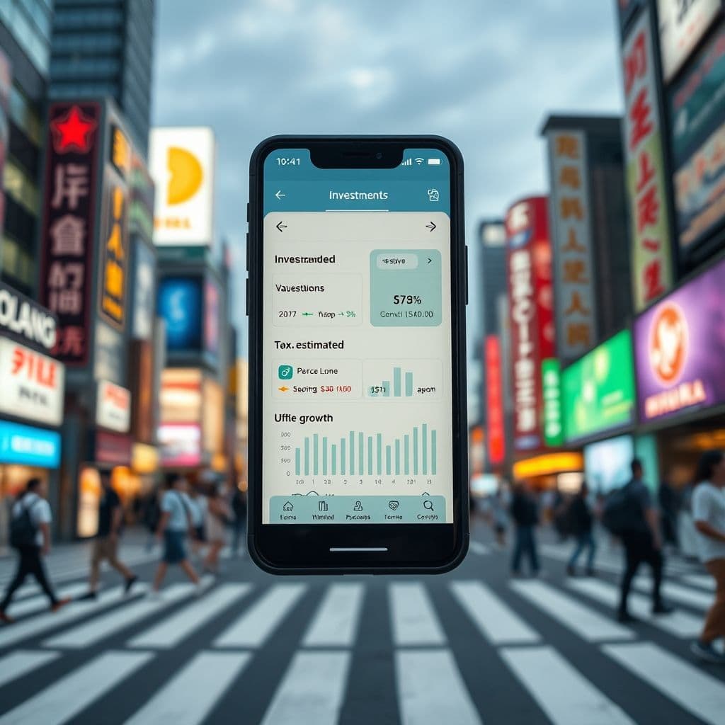 A sleek app interface showing personalized investment recommendations and tax estimates.