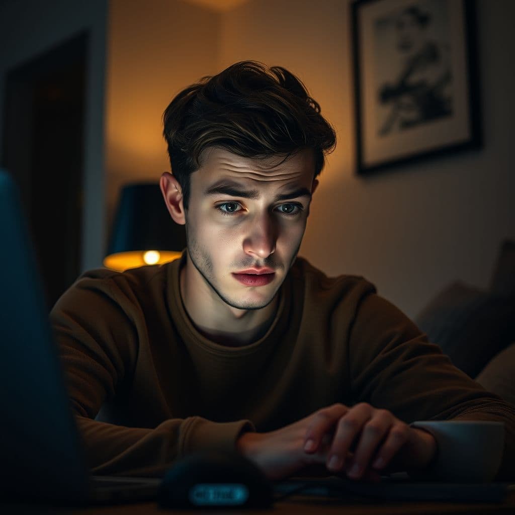 A frustrated beginner investor confused by complex financial terms and processes.