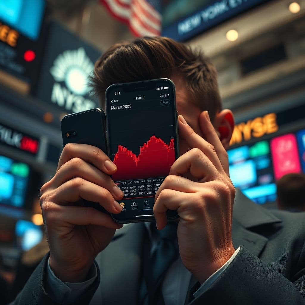 A person holding their head in frustration while looking at a stock market app.