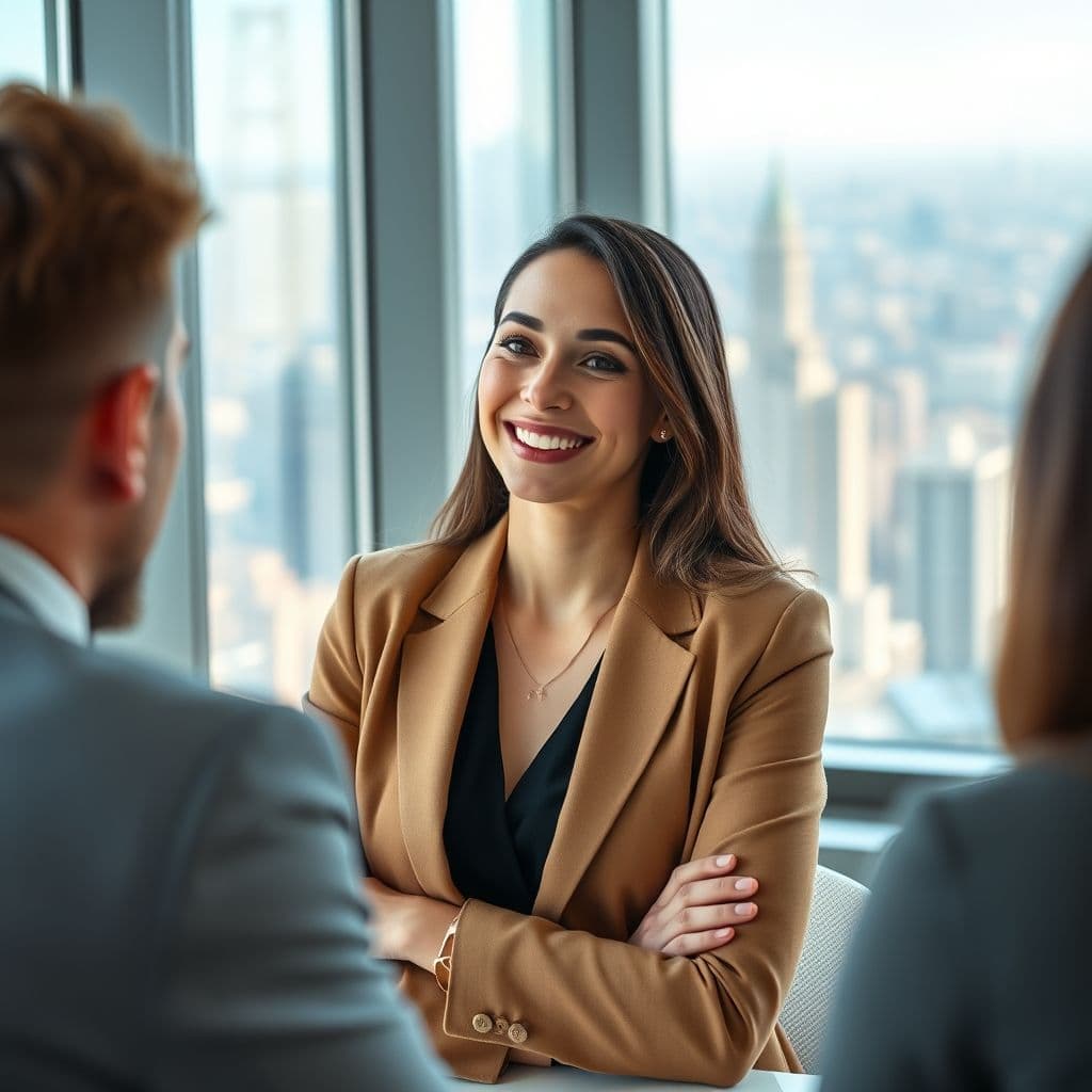 A young professional on a sales call, looking confident and motivated.