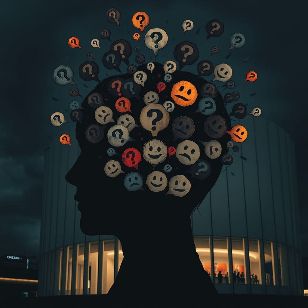 Visual representation of an overthinker's mind filled with chaotic thoughts and anxiety.