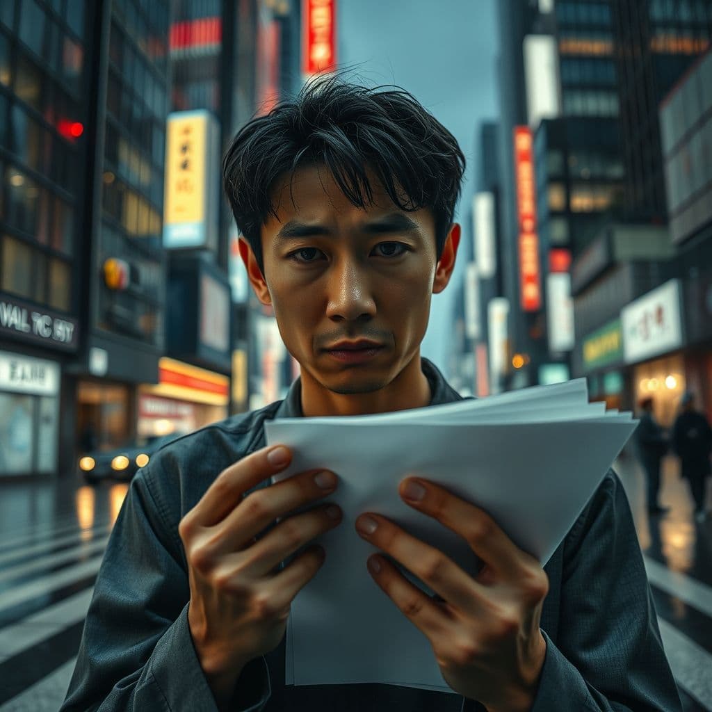 A distressed individual looking at financial documents with a concerned expression.