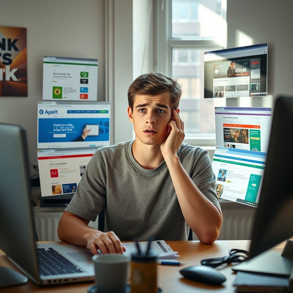 A person overwhelmed by multiple browser tabs comparing different HYSAs.