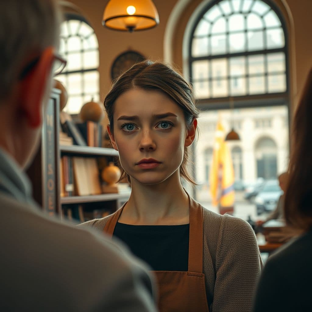 A young employee looking anxious while serving a customer.